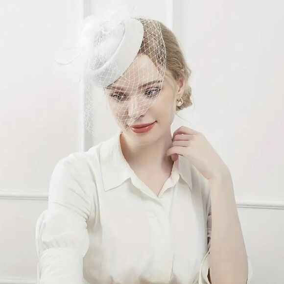 Feather and Polka Dot Fascinator With Lace Gloves For Weddings Dress up and more - Picture 2 of 7